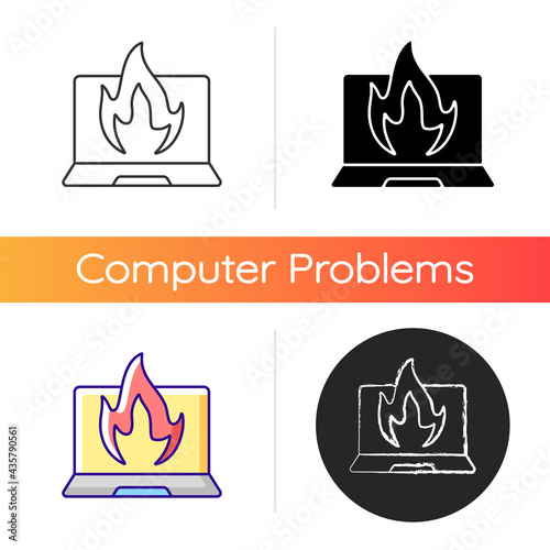 Computer burning icon. Hardware crash, overheating issue. Burning laptop, PC problems. Electronics destruction. Broken technology. Linear black and RGB color styles. Isolated vector illustrations