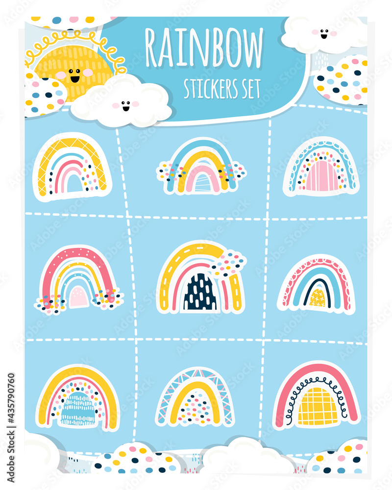 set of baby rainbow stickers. The sun, clouds, 9 stickers in the form of rainbows. Cute baby design elements for printing on paper, decoration of children's parties. Vector illustration. Hand  draw