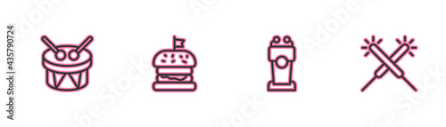 Set line Drum and drum sticks, Stage stand or tribune, Burger and Sparkler firework icon. Vector