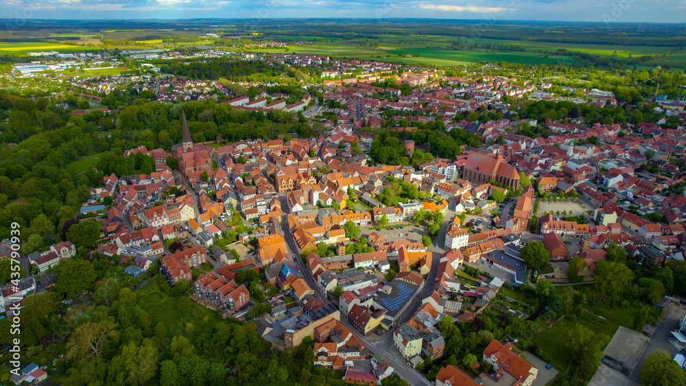 Aerial view of the city Salzwedel in east Germany on a sunny day in spring.