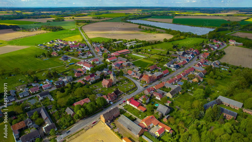 Aerial view of the village Rohrberg in Germany on a sunny morning in spring