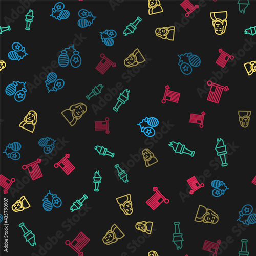 Set line Balloons, Torch flame, Benjamin Franklin and American flag on seamless pattern. Vector
