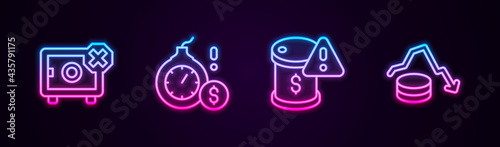 Set line Safe, Money bomb dollar crisis, Drop in crude oil price and Dollar rate decrease. Glowing neon icon. Vector