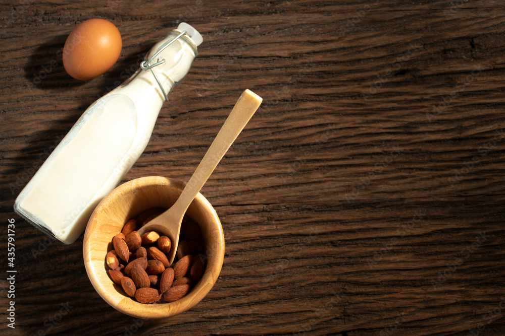 healthy and nutrition of milk and egg and almond, diet food breakfast, ingredients of dinner