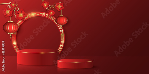 Asian style 3d podium to display your products. Tree with red flowers and hanging lanterns. Chinese new year design. Golden frame with vintage pattern. Vector illustration.