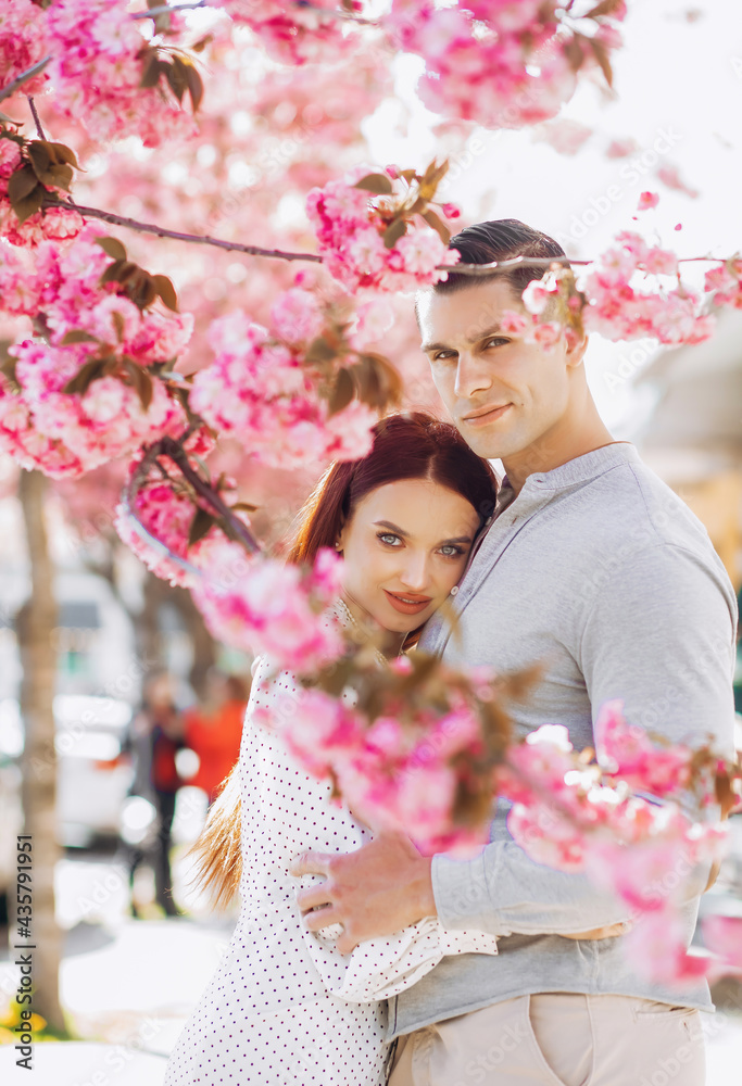 Obraz premium Beautiful couple standing in Sakura flowers and hugging each other. Wonderful flowering time of Japanese tree.