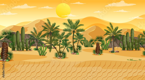 Desert forest landscape at sunset scene with oasis