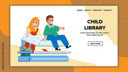 In Child Library Reading Books Boy And Girl Vector. Preteen Kids In Child Library Read Education Literature And Preparing For Elementary School. Characters Little Pupils Web Flat Cartoon Illustration
