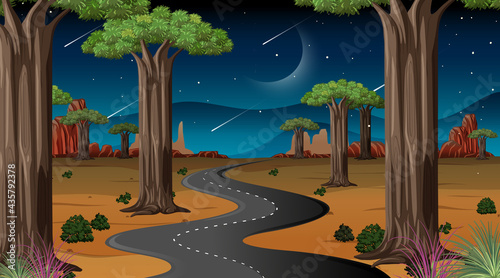 Long road through the desert landscape scene at night