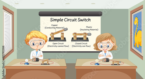 Scientist explaining simple circuit switch