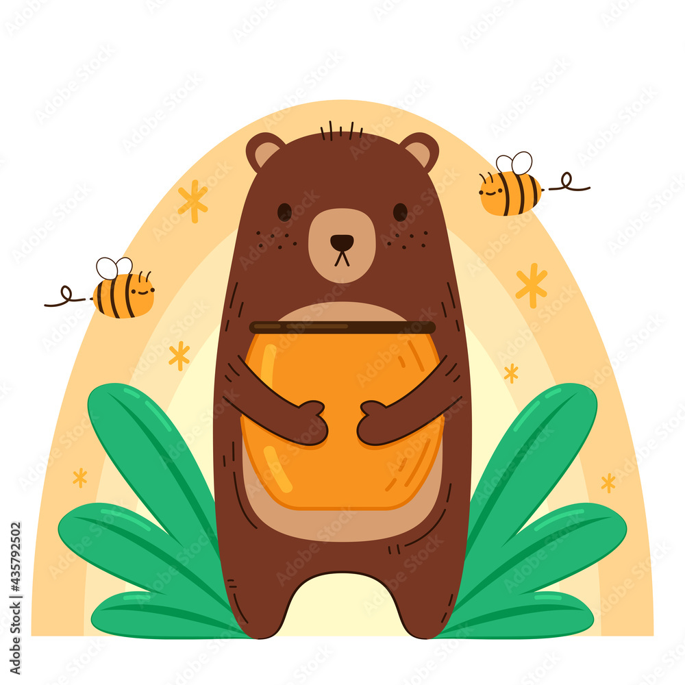 Bear hugging a jar of honey. Bear and Bee cartoon vector. Honey jar