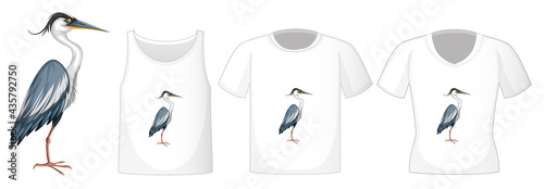 Stork bird in stand position cartoon character with many types of shirts on white background