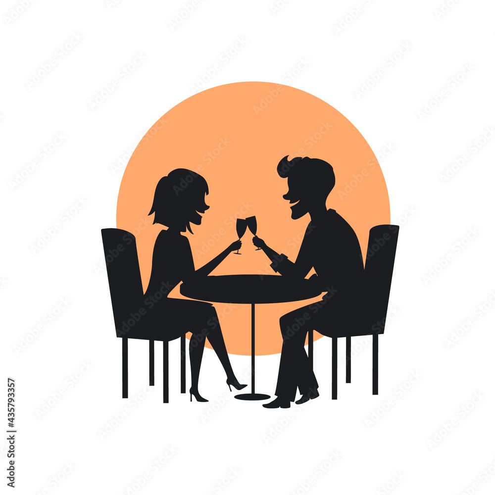 silhouette of a happy cheerful couple in love on a romantic date in the restaurant