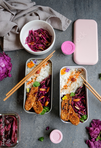 Homemade Japanese meal / Purple Cabbage Salad Bento with Shibazuke Pickle / Delicious and healthy take away vegetarian meal in bento box, ideal for busy working people