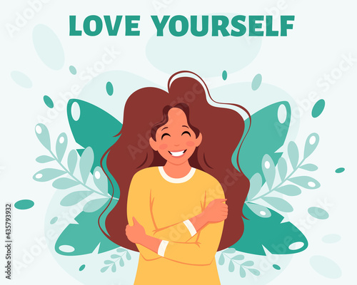 Love yourself concept. Woman hugging herself. Vector illustration