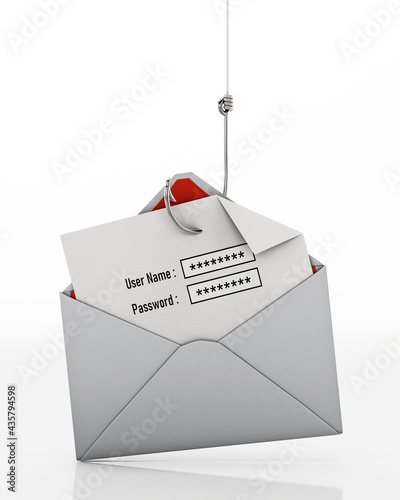 Fish hook stealing user name and password text areas on paper inside an enveloppe. 3D illustration photo