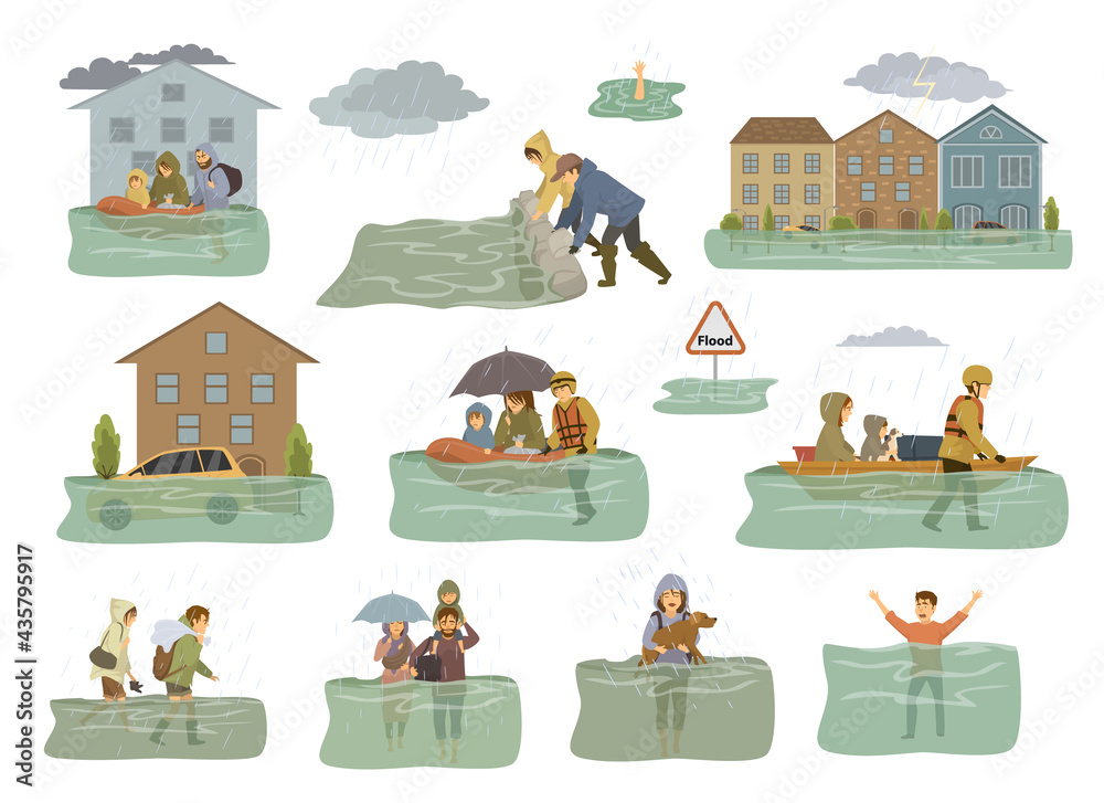 flood infographic elements. flooded houses, city, car, people escape from  floodwaters leaving houses, homes, rescue families animals, building  sandbag barrier for protection Stock Vector | Adobe Stock