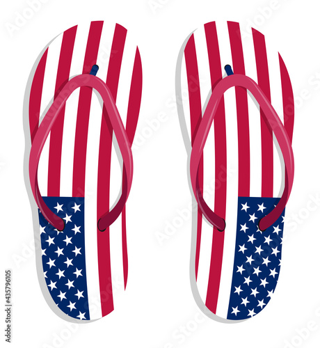 Beach rubber slippers in colors of american flag isolated on white background. Beach shoes. Vector