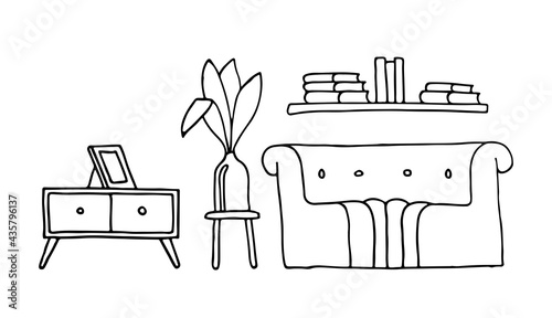 Living room interior in Doodle style. Round sofa, bookshelf with books, houseplant on a stand. Vector EPS 10