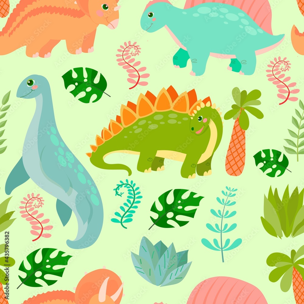 Naklejka premium Pattern of Cute Dinosaurs. Little dinosaur's birthday. Bright children's print. Vector illustration with colored background