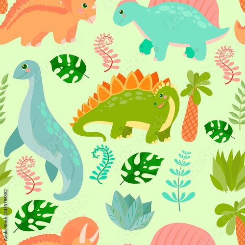 Pattern of Cute Dinosaurs. Little dinosaur s birthday. Bright children s print. Vector illustration with colored background