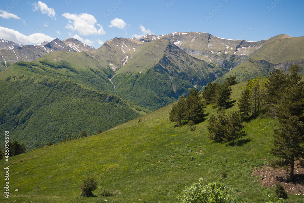 Panoramic view of beautiful peaks of national park of Monti Sibillini in the Marche region, Italy