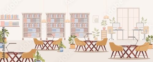 Modern library interior design with shelves, racks with books, computers, tables and comfortable armchairs. Public library for education, preparing exams, and studying vector flat illustration.