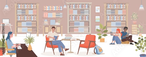 Modern library interior design with shelves and racks with books. People sitting in comfortable armchairs and reading books, studying, working on computer at public library vector flat illustration.