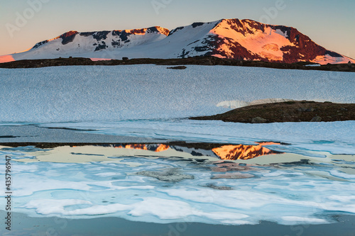 Mountain scenery reflects in water photo