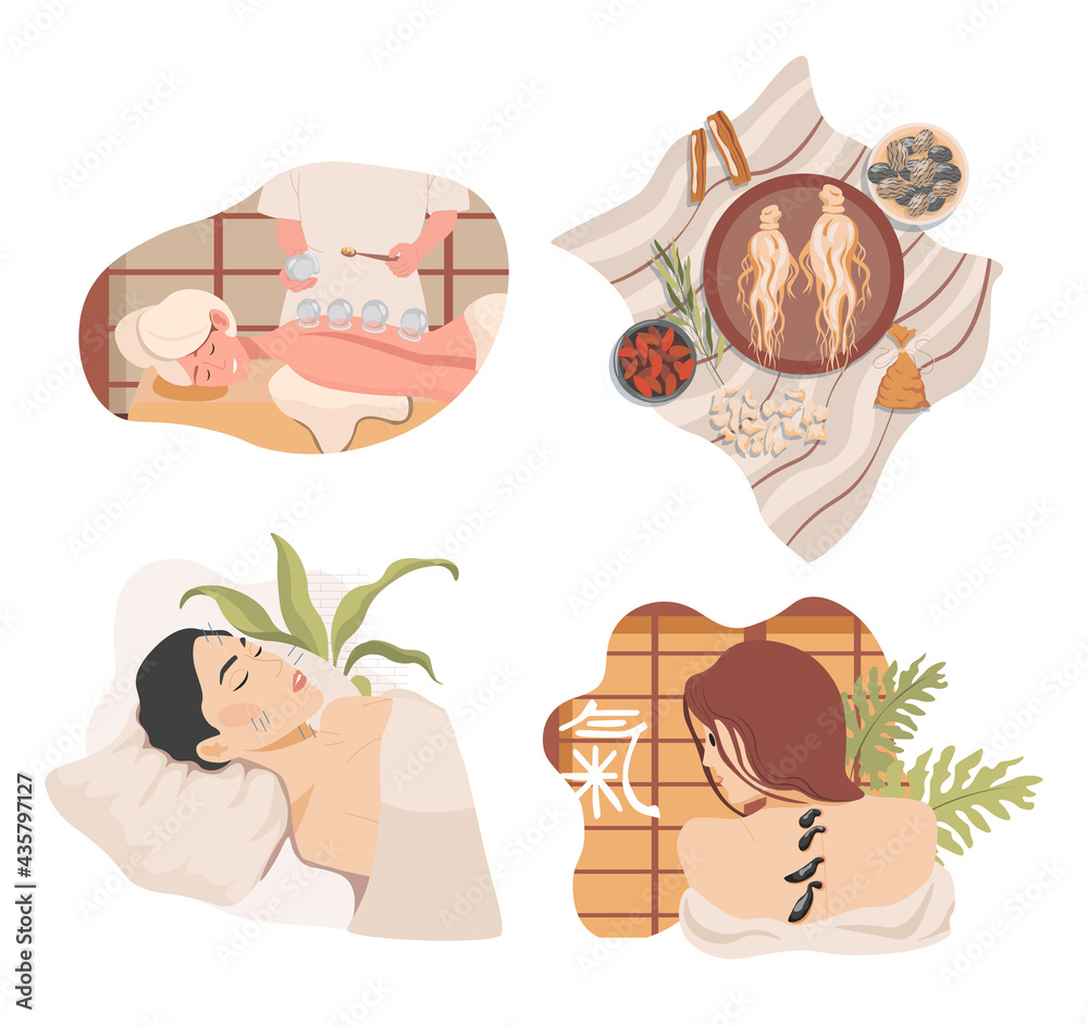 Traditional Chinese or oriental alternative medicine vector flat illustration. Ginseng root, medical herbs, and seeds. Natural healing, acupuncture, hirudotherapy, and ventosa therapy concept.