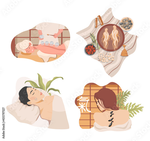 Traditional Chinese or oriental alternative medicine vector flat illustration. Ginseng root, medical herbs, and seeds. Natural healing, acupuncture, hirudotherapy, and ventosa therapy concept.
