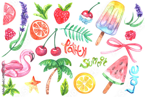 Big set of watercolor elements with summer bright designs, fruits, icecream, flamingo etc. Elements drawn by hand for your summer themed design