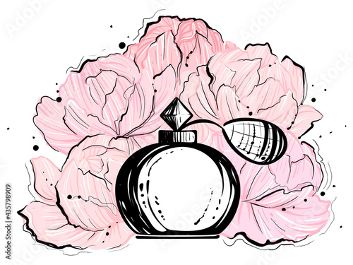 Perfume bottle with peonies around, color vector