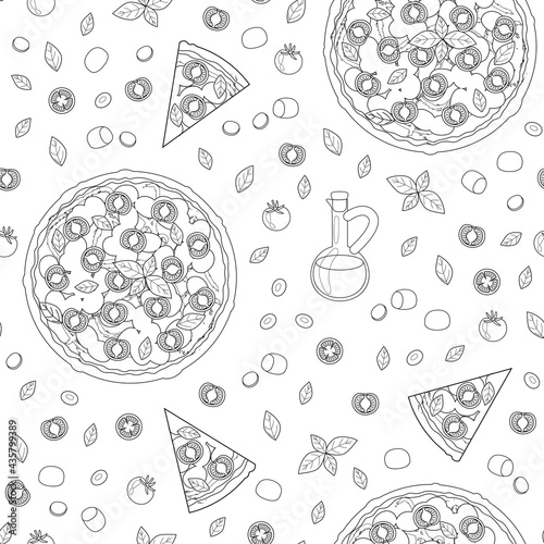 Pizza margherita pattern - seamless background with margarita slice and ingredients on white - pizzeria wallpaper