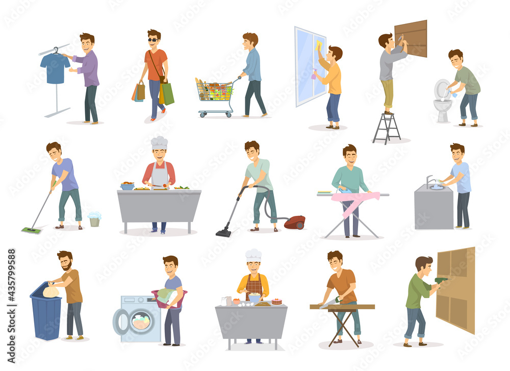 man at household activities set, men shopping washing floor dishes toilet, cleaning home windows, vacuuming, repairing drilling constructing hammering, cooking baking irons make laundry,sawing wood man at household activities set, men shopping washing floor dishes toilet, cleaning home windows, vacuuming, repairing drilling constructing hammering, cooking baking irons make laundry,sawing wood