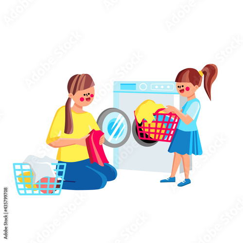 Daughter Girl Helping Mother Doing Laundry Vector. Child Help Mom Sorting And Loading Laundry To Washing Machine From Clothes Basket. Characters Housework Together Flat Cartoon Illustration