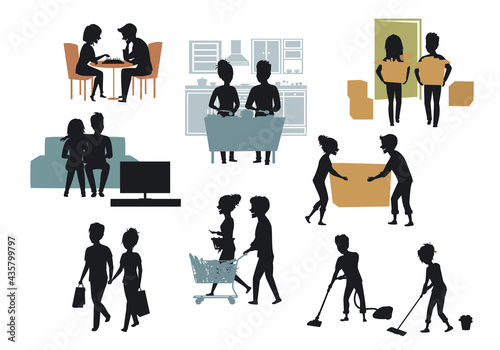 silhouettes collection of man and woman , couples moving in together, carry boxes in new home, shopping, watching tv, cleaning house and cooking in the kitchen