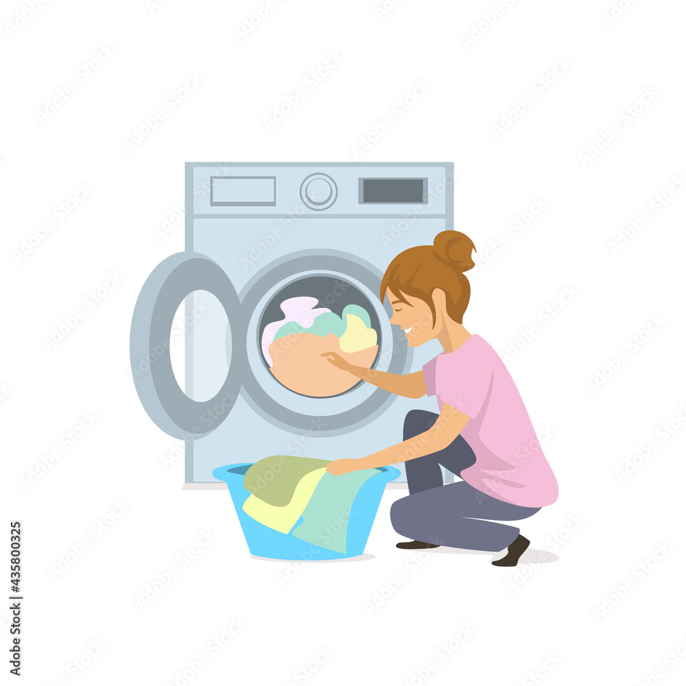 woman makes laundry, puts clothes into washing machine isolated graphic vector illustration woman makes laundry, puts clothes into washing machine isolated graphic vector illustration