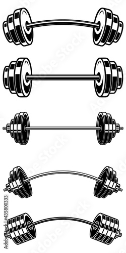 Set of illustrations of weightlifting barbell. Design element for logo, label, sign, emblem, banner. Vector illustration