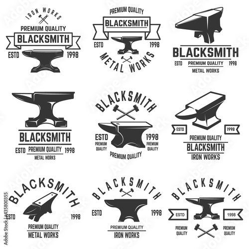 Set of blacksmith emblems. Design element for logo, label, sign, emblem, banner. Vector illustration