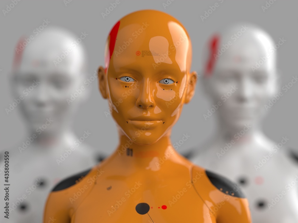 a group of robots in a female form, one of which has a clear difference from the rest