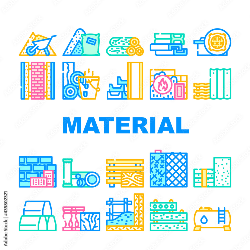 Building Material Collection Icons Set Vector. Metallic Armature Grid And Styrofoam, Bitumen And Concrete Brick Building Material Concept Linear Pictograms. Contour Color Illustrations