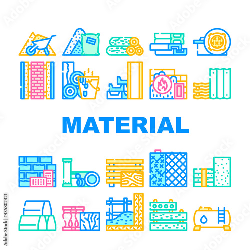 Building Material Collection Icons Set Vector. Metallic Armature Grid And Styrofoam, Bitumen And Concrete Brick Building Material Concept Linear Pictograms. Contour Color Illustrations