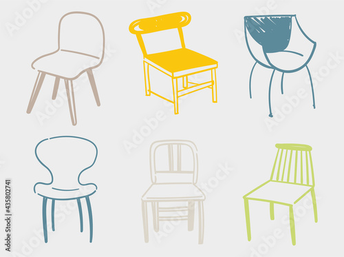 A set of six interior items. Hand drawn furniture illustrations. Minimalistic outlines of unusual, original chairs and armchairs for restaurants, terraces, home design, fashion catalogs, brochures.