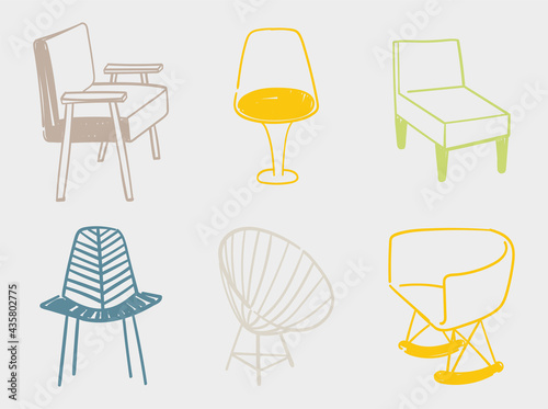 A set of six interior items. Hand drawn furniture illustrations. Minimalistic outlines of unusual, original chairs and armchairs for restaurants, terraces, home design, fashion catalogs, brochures.