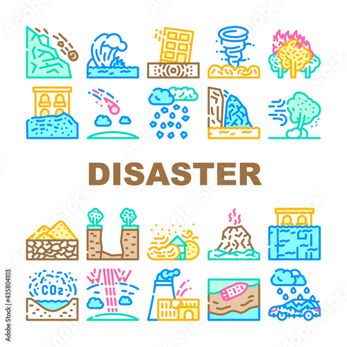 Disaster Destruction Collection Icons Set Vector. Freezing Rain And Heavy Rainfall, Sandstorm And Hurricane, Forest Fire And Drought Disaster Concept Linear Pictograms. Contour Color Illustrations