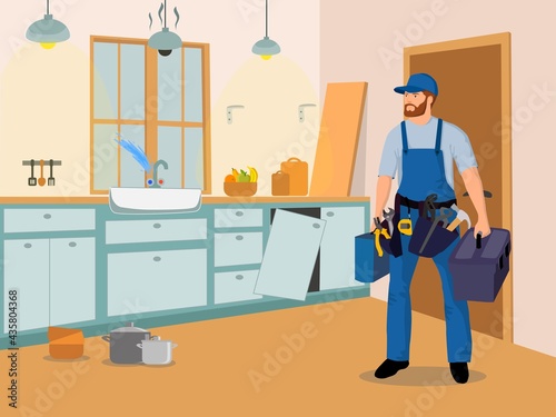Home Repairs Service Vector Illustration. Handyman on the broken kitchen.