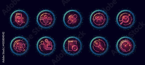 10 in 1 vector icons set related to seo link optimization theme. Lineart vector icons in geometric neon glow style with particles