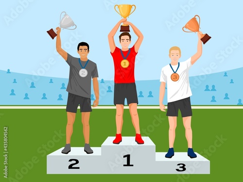 Vector illustration of men stand on the award winners podium and hold the winner's cups. 
