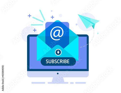 Subscribe to the mailing list banner. Button "Subscribe"  on the computer screen. Concept opening the message with the email document. Vector flat illustration of email marketing with a paper airplane